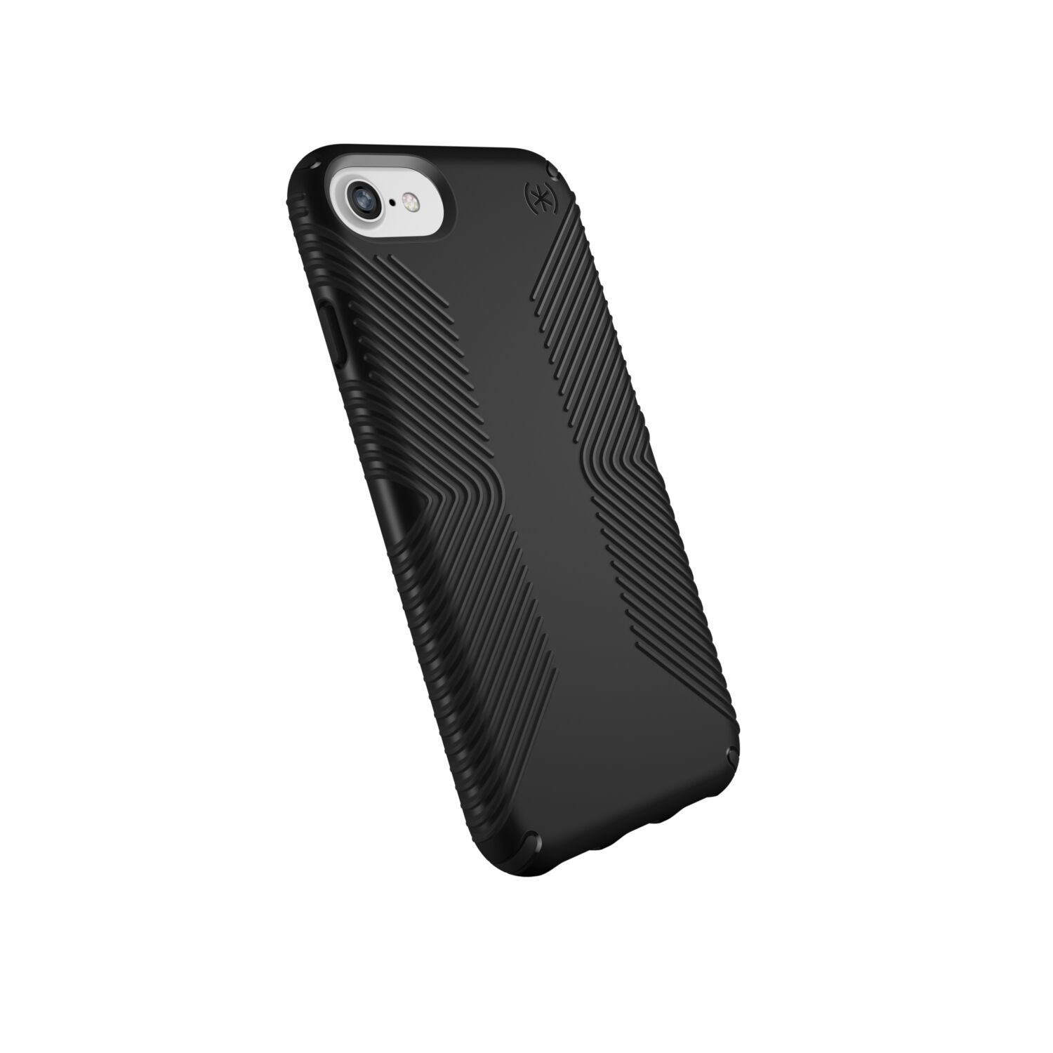 SPECK iPhone SE 2020/8 Presidio2 Grip case in black, showcasing its textured surface and raised bezel for enhanced grip and screen protection.