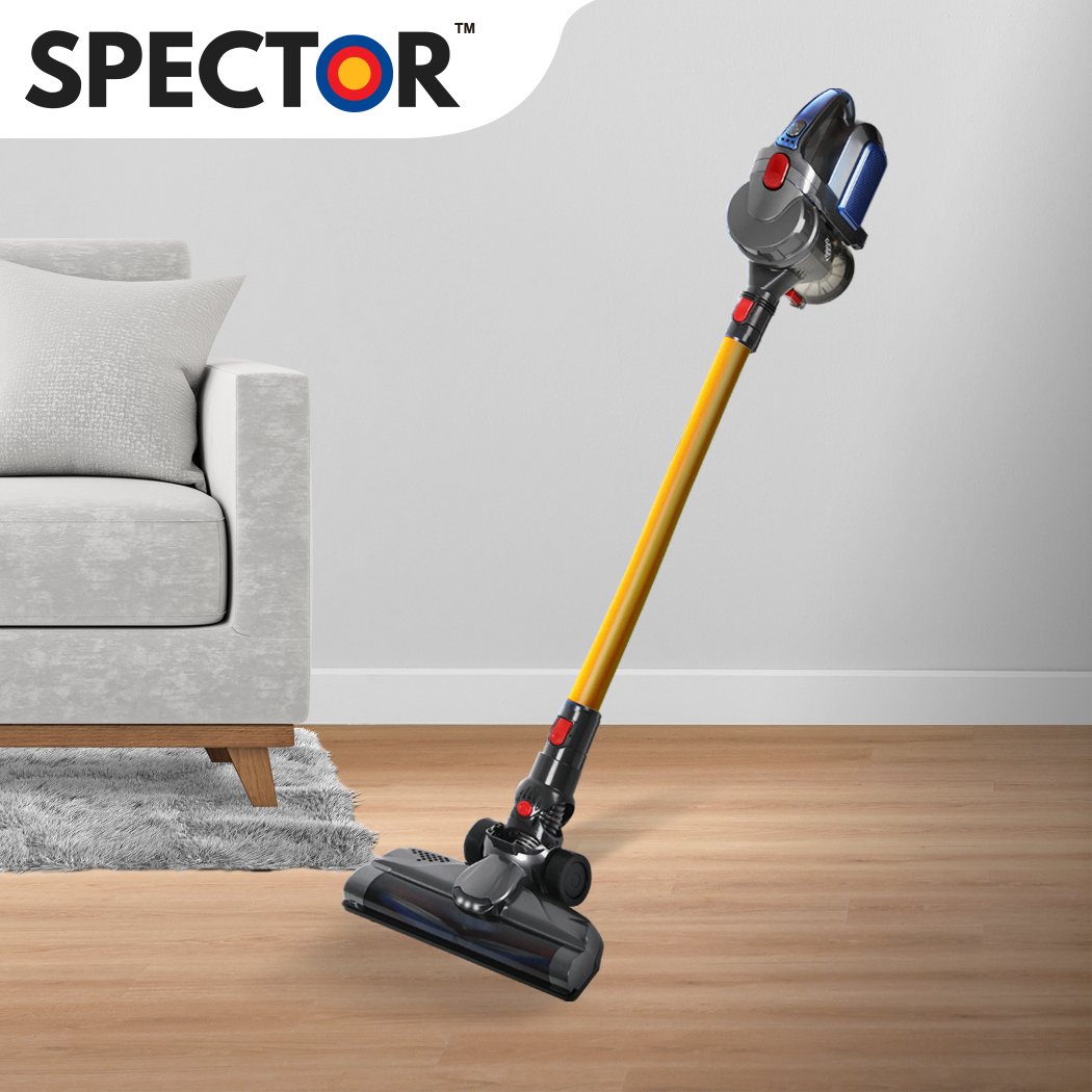 Spector 150W Handheld Cordless Vacuum Cleaner in gold color with LED light and accessories.