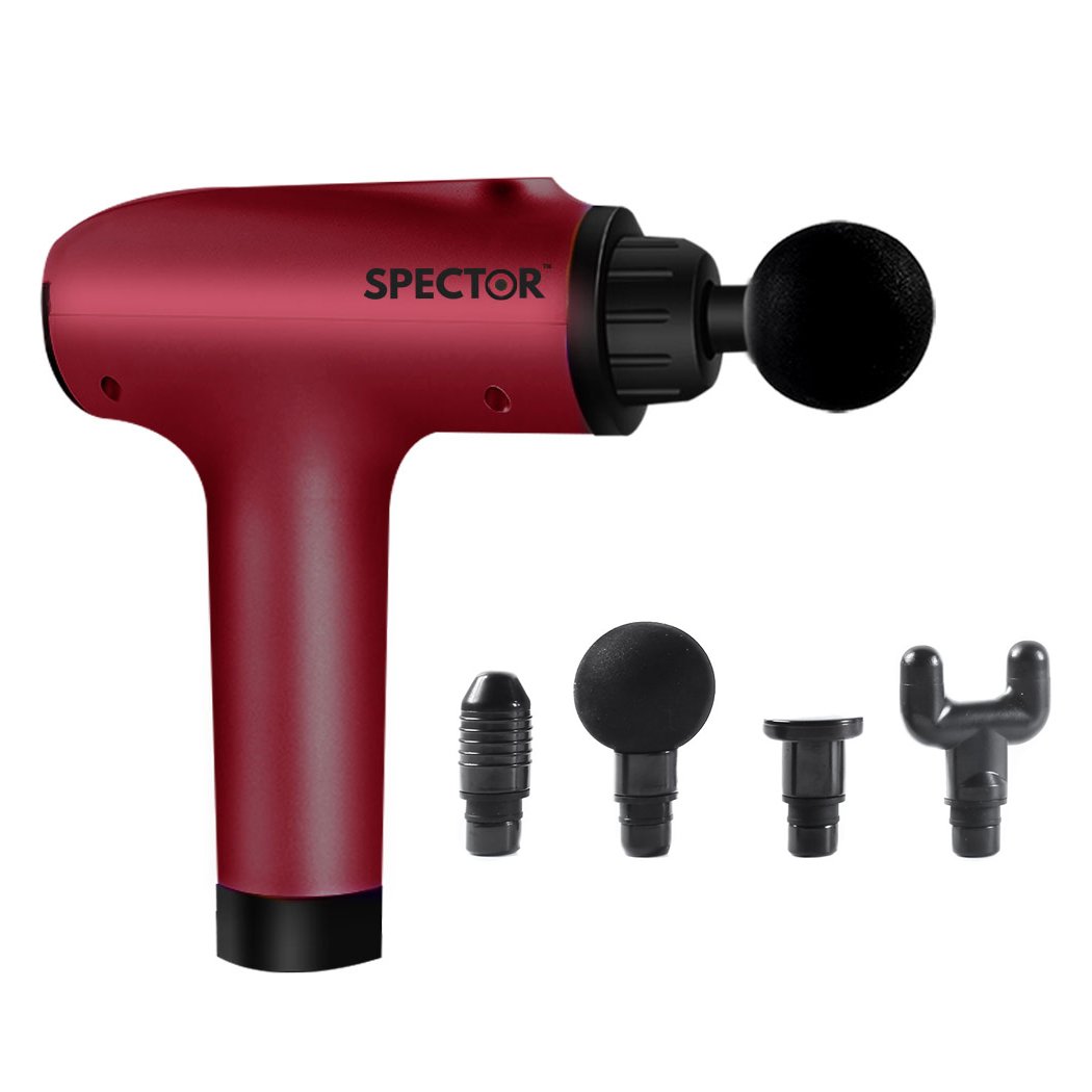 Spector Massage Gun in red color with four massage heads and LCD touch screen, designed for deep tissue percussion massage.