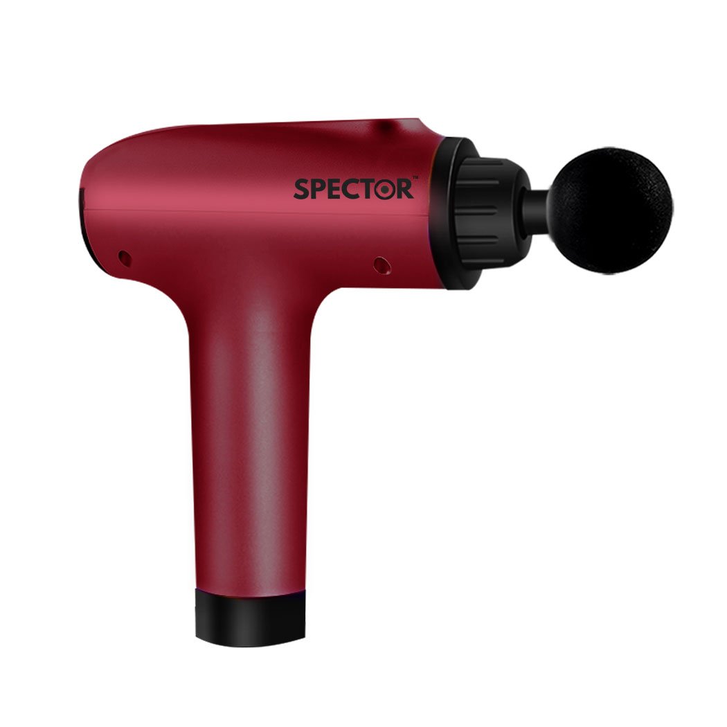 Spector Massage Gun in red color with four massage heads and LCD touch screen, designed for deep tissue percussion massage.