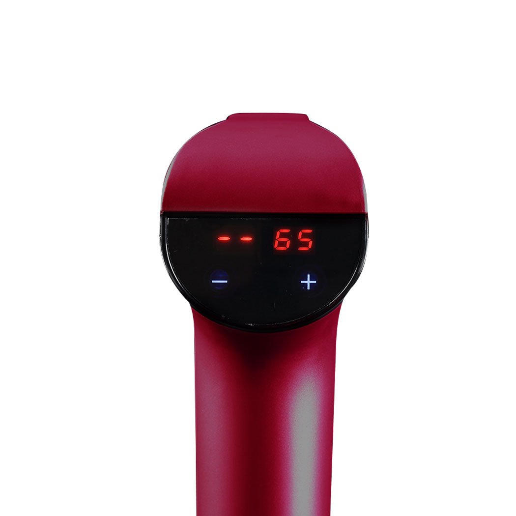 Spector Massage Gun in red color with four massage heads and LCD touch screen, designed for deep tissue percussion massage.