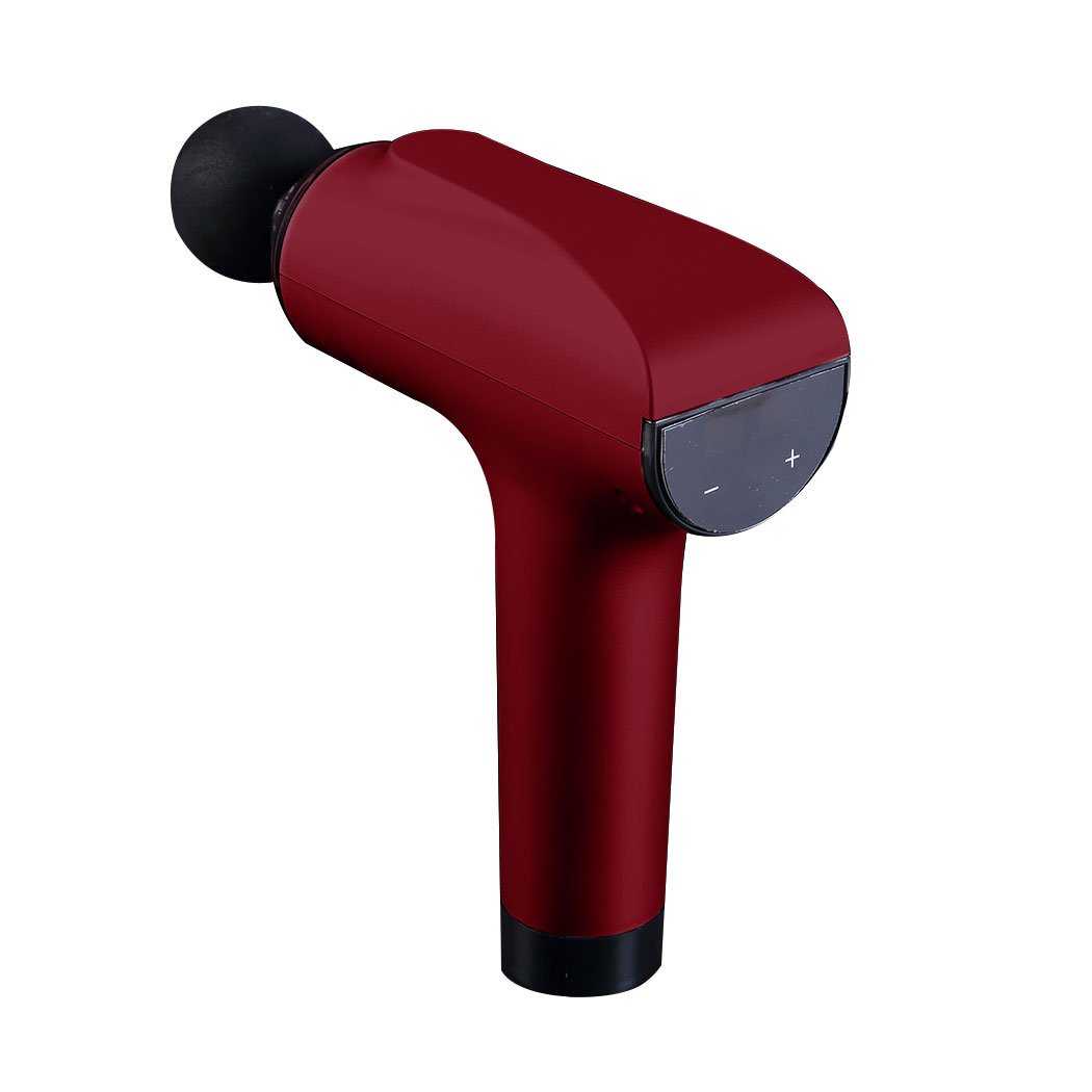 Spector Massage Gun in red color with four massage heads and LCD touch screen, designed for deep tissue percussion massage.