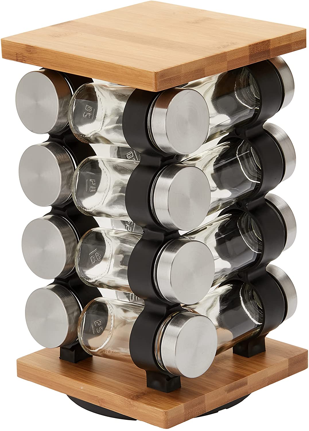 A stylish spice rack organizer featuring 12 refillable jars with a modern stainless-steel finish and bamboo framework, perfect for kitchen organization.