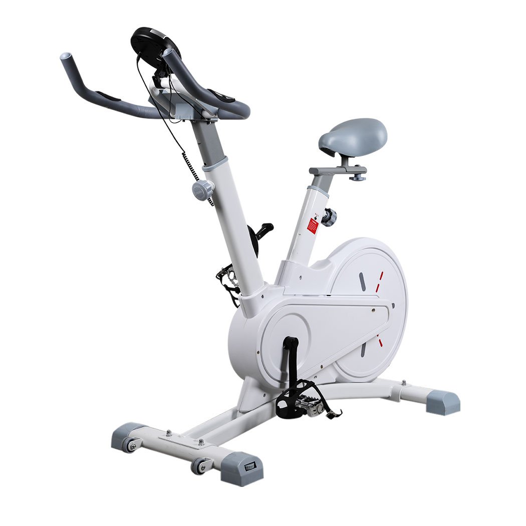 Spin Bike Magnetic Fitness Exercise Bike with adjustable seat and handlebars, digital monitor, and built-in wheels for easy transport.