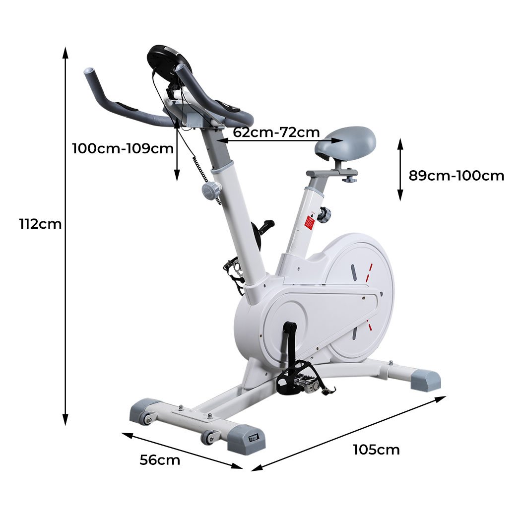 Spin Bike Magnetic Fitness Exercise Bike with adjustable seat and handlebars, digital monitor, and built-in wheels for easy transport.