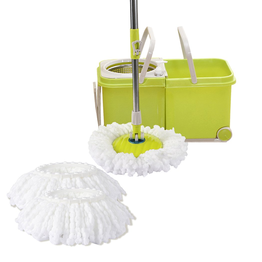 Spin Mop Bucket Set featuring a 360° spinning stainless steel wringer, microfiber mop head, and detachable bucket for easy cleaning.