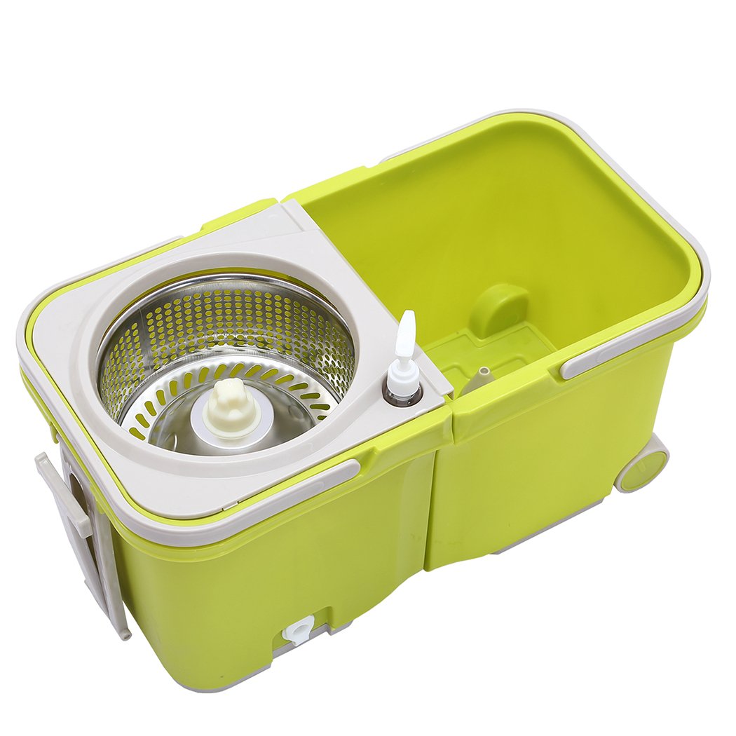 Spin Mop Bucket Set featuring a 360° spinning stainless steel wringer, microfiber mop head, and detachable bucket for easy cleaning.