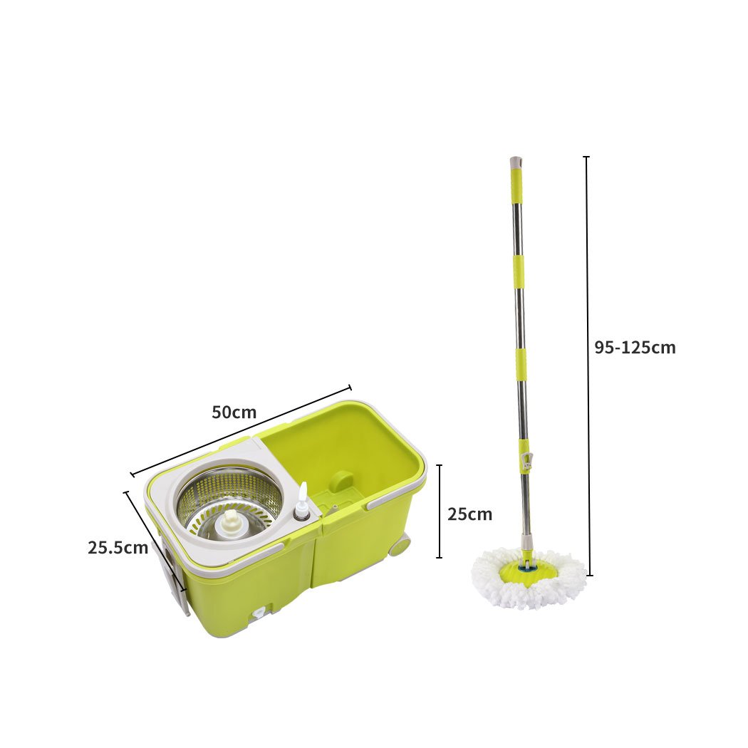 Spin Mop Bucket Set featuring a 360° spinning stainless steel wringer, microfiber mop head, and detachable bucket for easy cleaning.