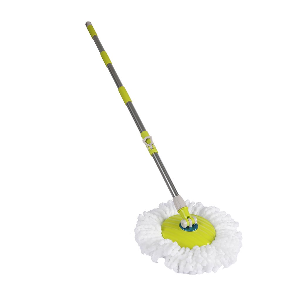 Spin Mop Bucket Set featuring a 360° spinning stainless steel wringer, microfiber mop head, and detachable bucket for easy cleaning.