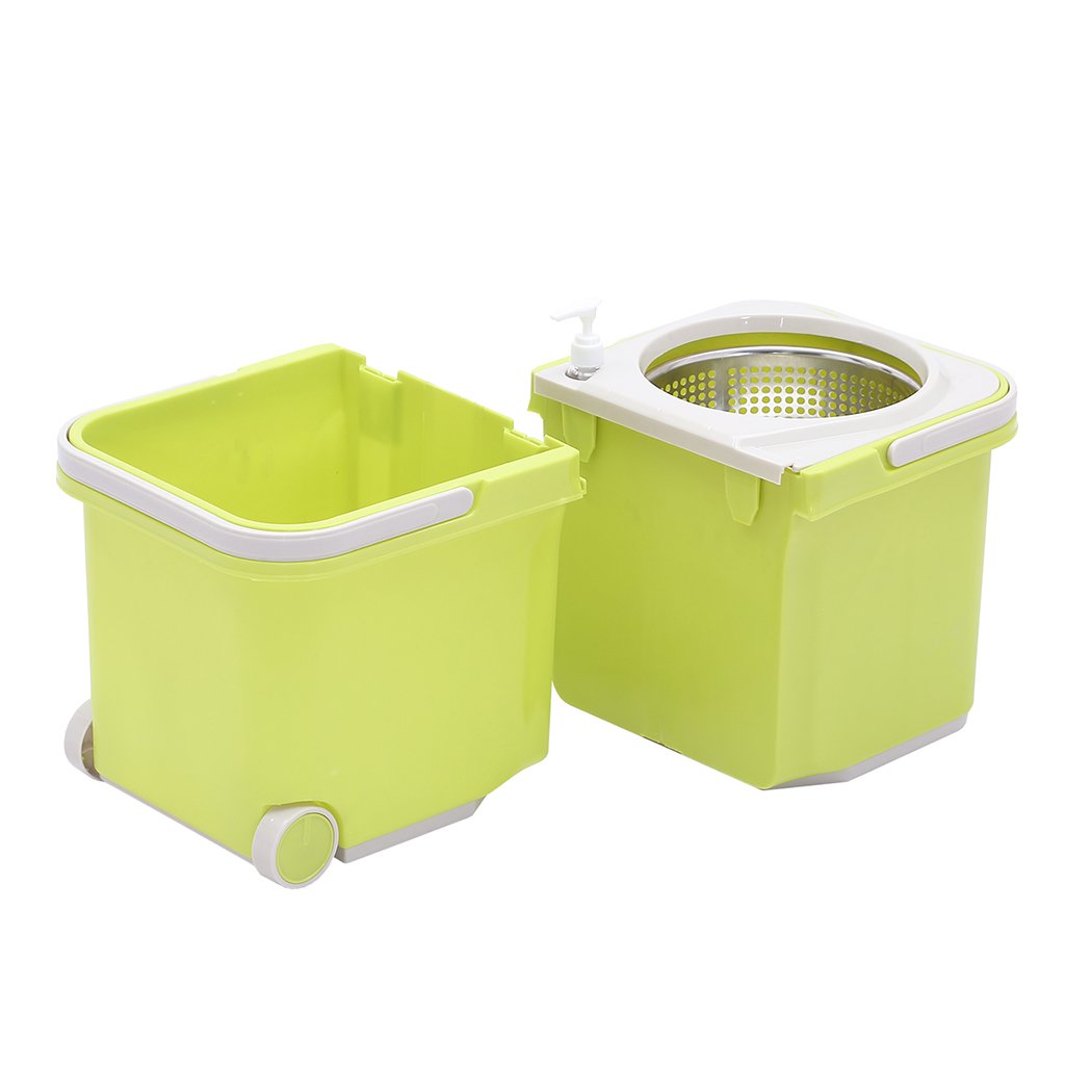 Spin Mop Bucket Set featuring a 360° spinning stainless steel wringer, microfiber mop head, and detachable bucket for easy cleaning.