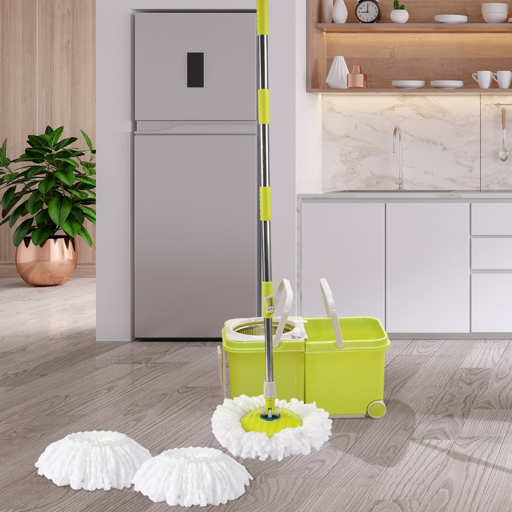 Spin Mop Bucket Set featuring a 360° spinning stainless steel wringer, microfiber mop head, and detachable bucket for easy cleaning.