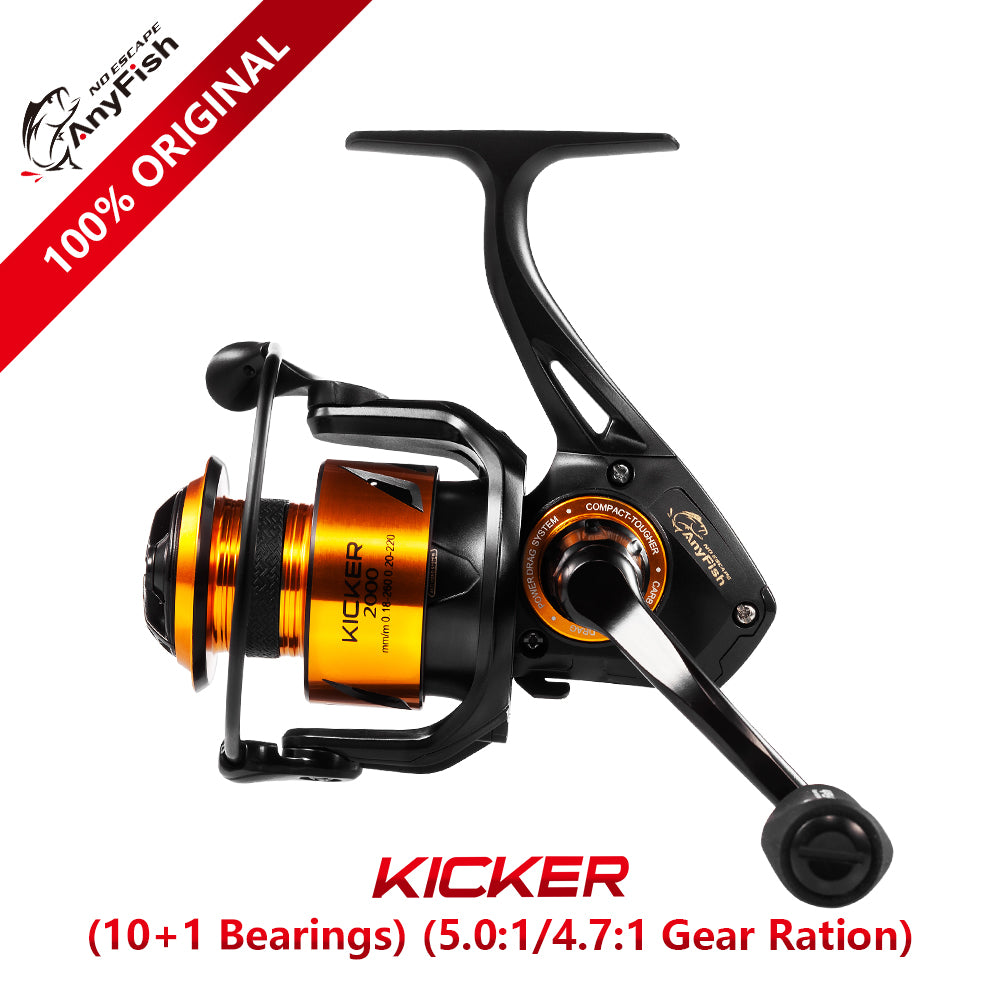 Spinning Fishing Reel available in sizes 2000 to 6000 with gear ratios 5.0:1 and 4.7:1, featuring aluminum spool and 10+1 bearings.