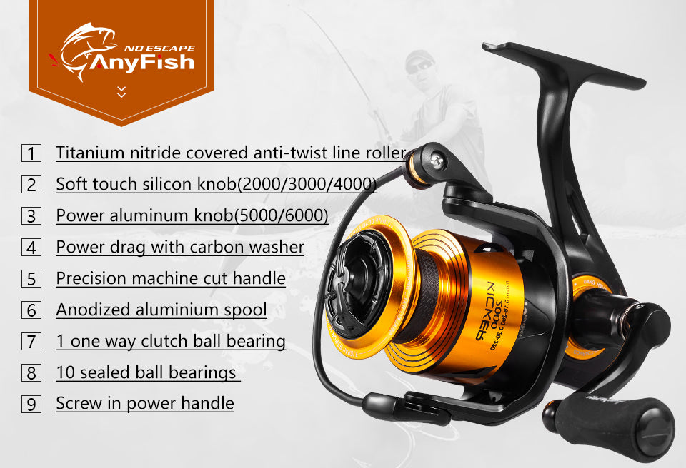 Spinning Fishing Reel available in sizes 2000 to 6000 with gear ratios 5.0:1 and 4.7:1, featuring aluminum spool and 10+1 bearings.