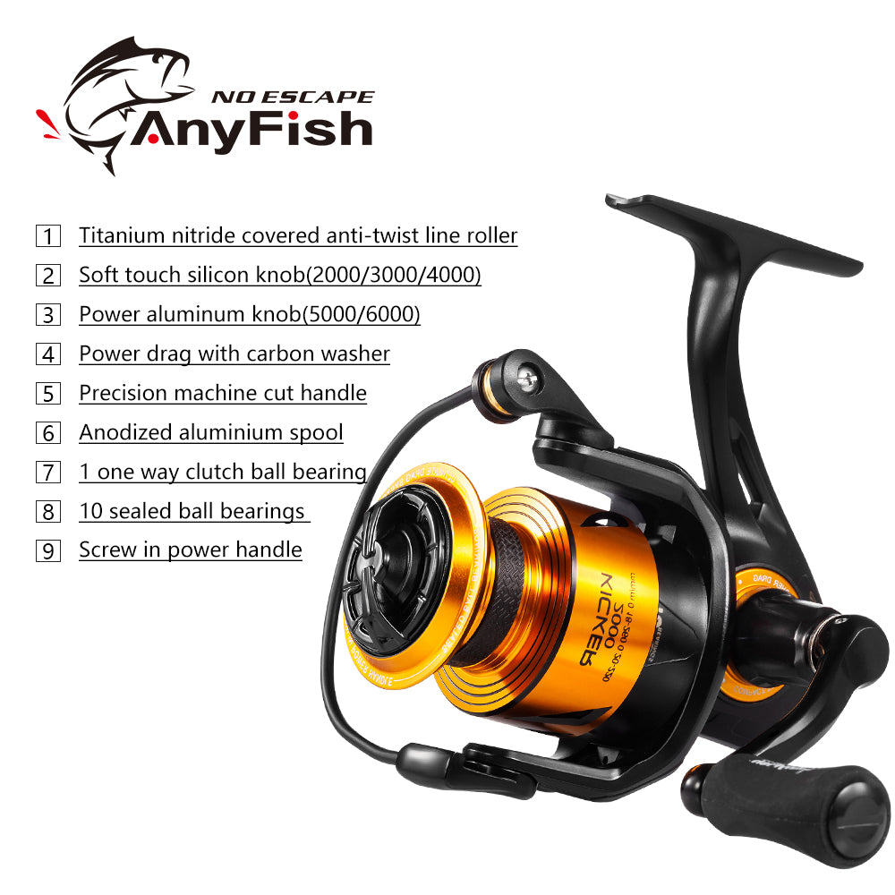 Spinning Fishing Reel available in sizes 2000 to 6000 with gear ratios 5.0:1 and 4.7:1, featuring aluminum spool and 10+1 bearings.