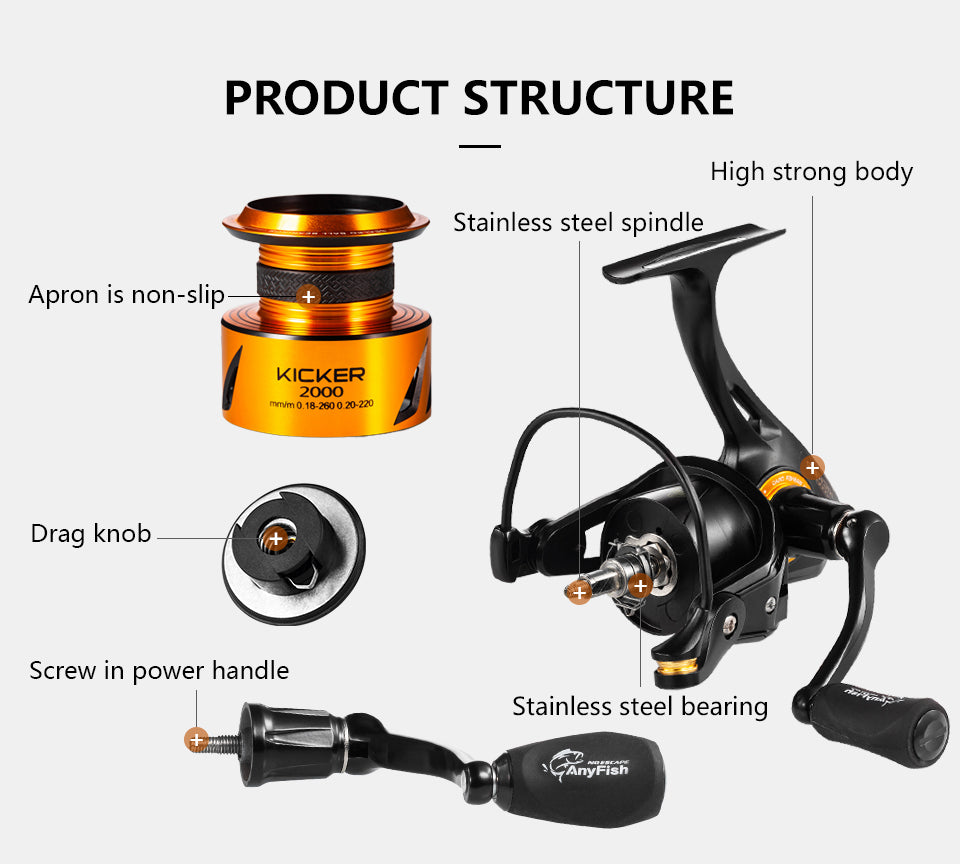 Spinning Fishing Reel available in sizes 2000 to 6000 with gear ratios 5.0:1 and 4.7:1, featuring aluminum spool and 10+1 bearings.