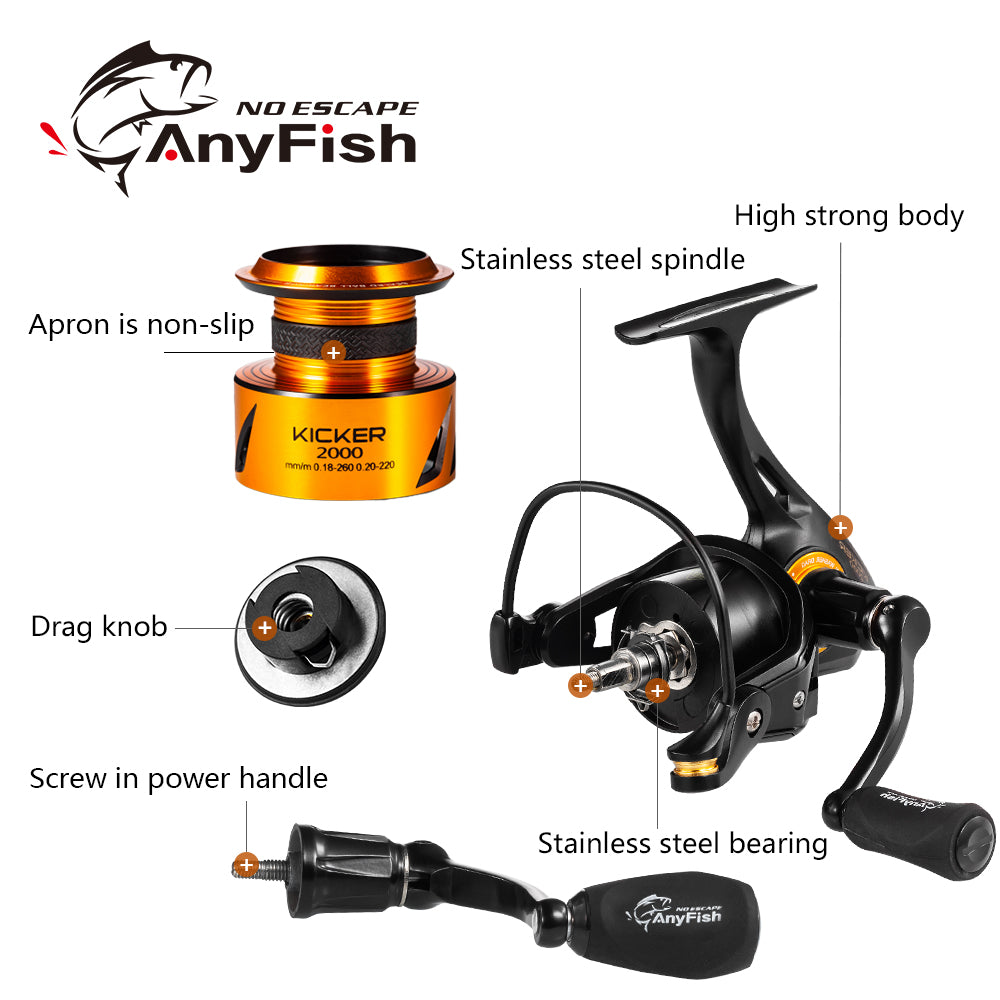 Spinning Fishing Reel available in sizes 2000 to 6000 with gear ratios 5.0:1 and 4.7:1, featuring aluminum spool and 10+1 bearings.