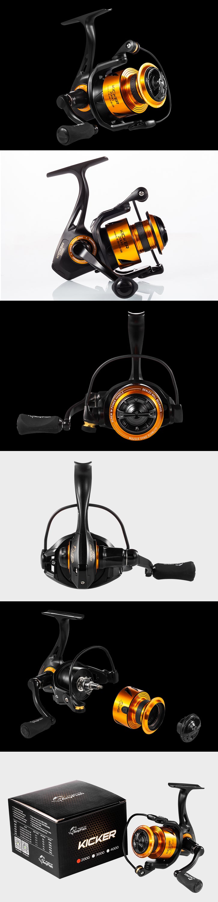 Spinning Fishing Reel available in sizes 2000 to 6000 with gear ratios 5.0:1 and 4.7:1, featuring aluminum spool and 10+1 bearings.