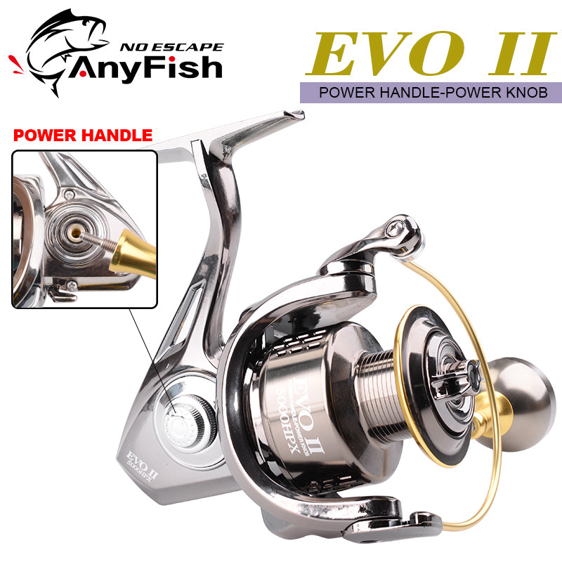 Spinning Fishing Reels HP-X series in various sizes, showcasing their sleek design and gear ratio specifications.