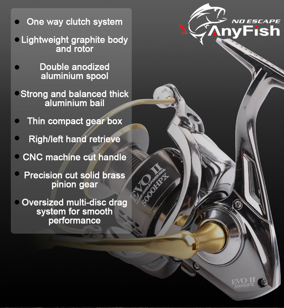 Spinning Fishing Reels HP-X series in various sizes, showcasing their sleek design and gear ratio specifications.