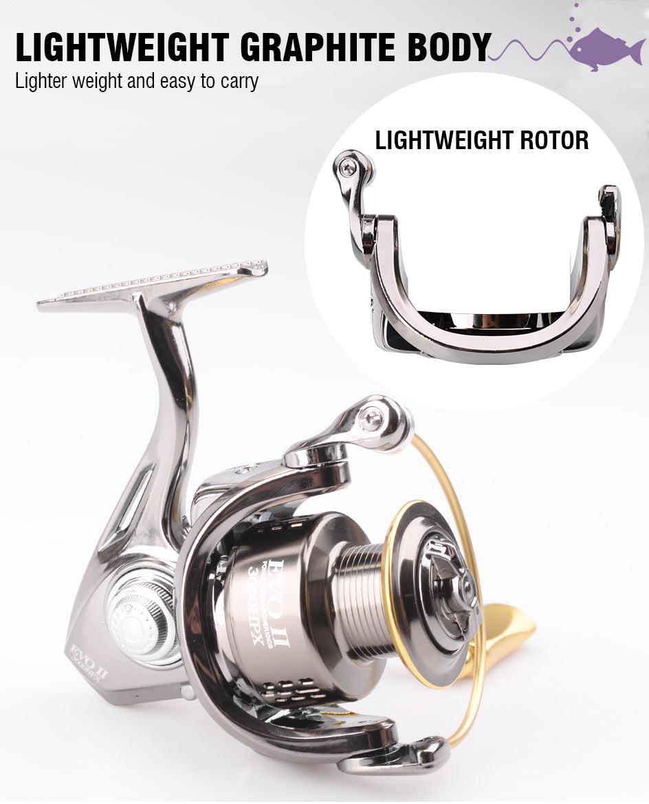 Spinning Fishing Reels HP-X series in various sizes, showcasing their sleek design and gear ratio specifications.