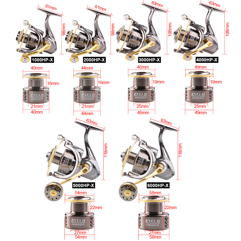 Spinning Fishing Reels HP-X series in various sizes, showcasing their sleek design and gear ratio specifications.