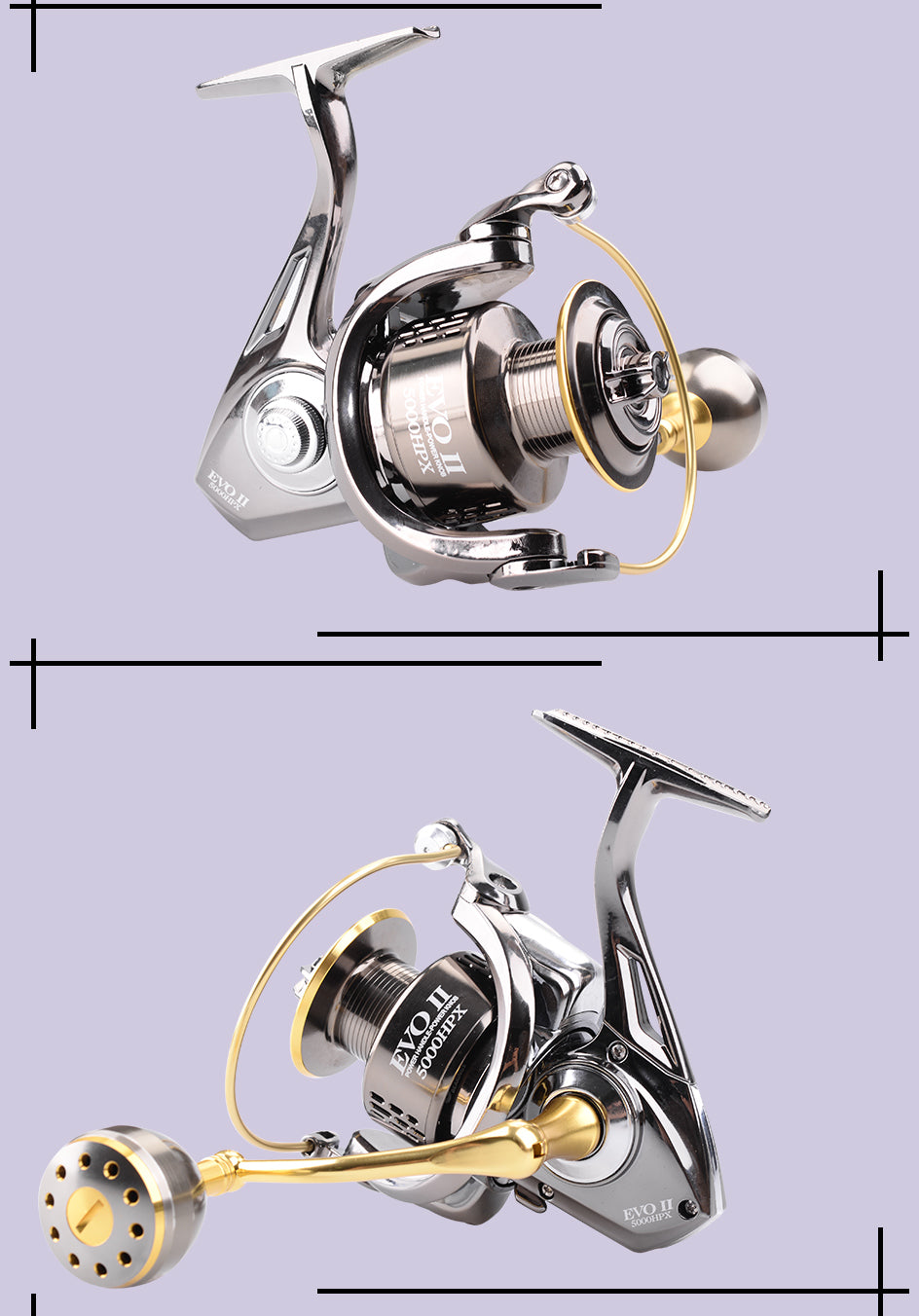 Spinning Fishing Reels HP-X series in various sizes, showcasing their sleek design and gear ratio specifications.