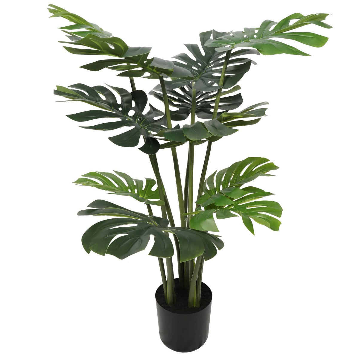 A 120cm tall artificial Split Philodendron with lush green leaves in a simple black pot, perfect for home decor.