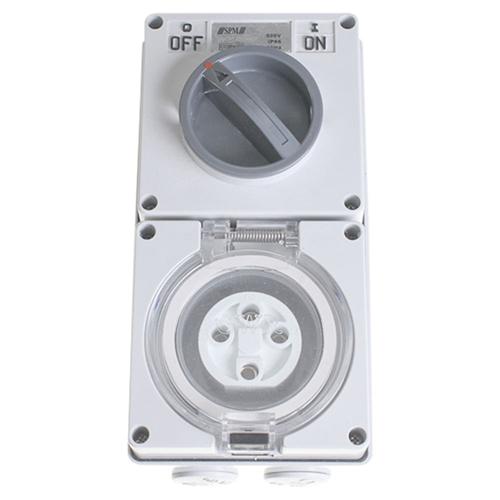 SPM IP66 4P Combination Switch Socket 10A with clear dustproof flap and wall box, designed for industrial use in wet and dusty conditions.