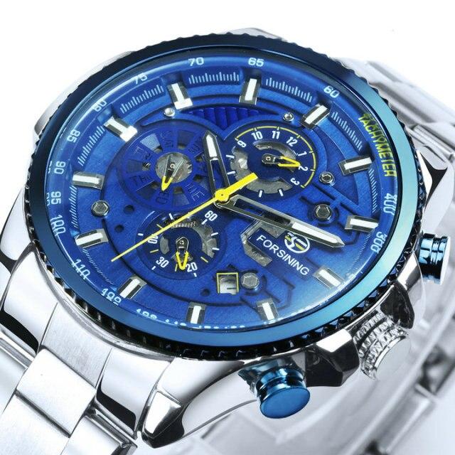 Sport Watches for Men featuring a blue stainless steel strap and automatic movement, ideal for outdoor activities.