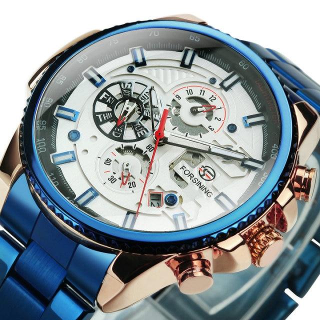 Sport Watches for Men featuring a blue stainless steel strap and automatic movement, ideal for outdoor activities.