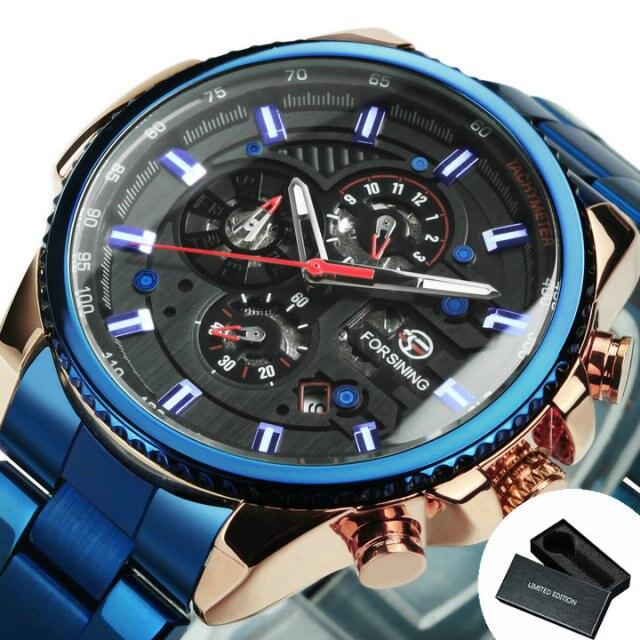 Sport Watches for Men featuring a blue stainless steel strap and automatic movement, ideal for outdoor activities.