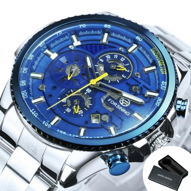 Sport Watches for Men featuring a blue stainless steel strap and automatic movement, ideal for outdoor activities.