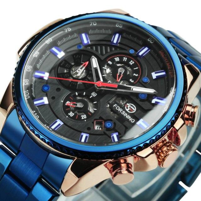 Sport Watches for Men featuring a blue stainless steel strap and automatic movement, ideal for outdoor activities.