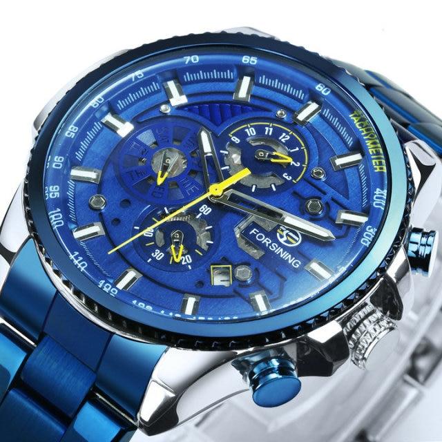 Sport Watches for Men featuring a blue stainless steel strap and automatic movement, ideal for outdoor activities.