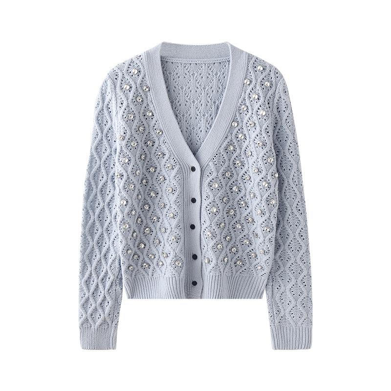 A stylish short women knit jacket featuring a V-neck, rhinestone details, and an argyle pattern, perfect for spring and autumn wear.