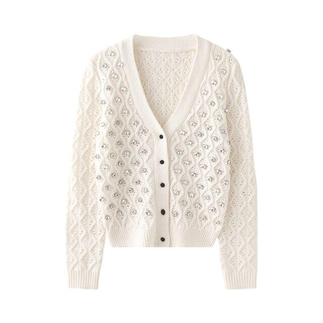 A stylish short women knit jacket featuring a V-neck, rhinestone details, and an argyle pattern, perfect for spring and autumn wear.