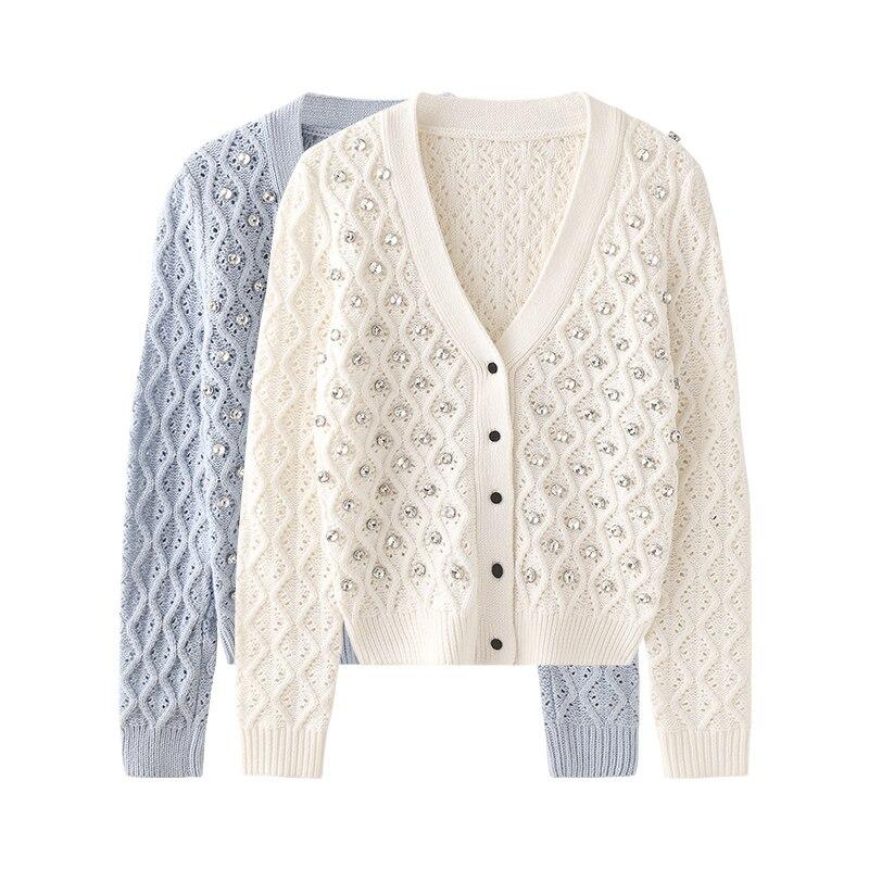 A stylish short women knit jacket featuring a V-neck, rhinestone details, and an argyle pattern, perfect for spring and autumn wear.