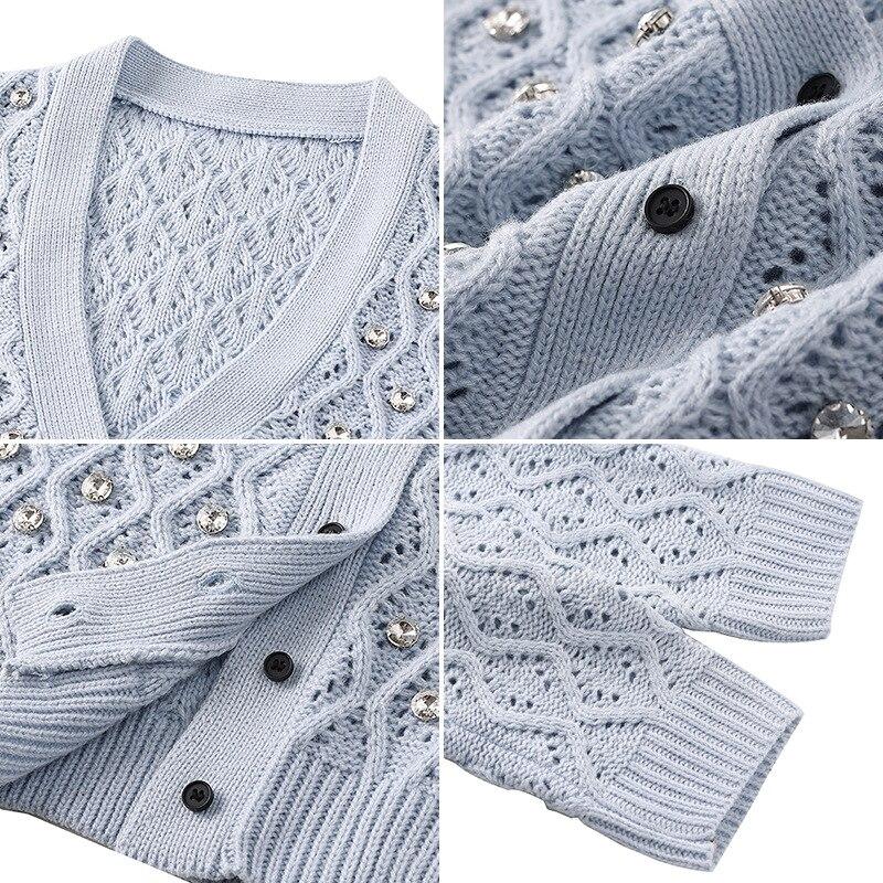 A stylish short women knit jacket featuring a V-neck, rhinestone details, and an argyle pattern, perfect for spring and autumn wear.