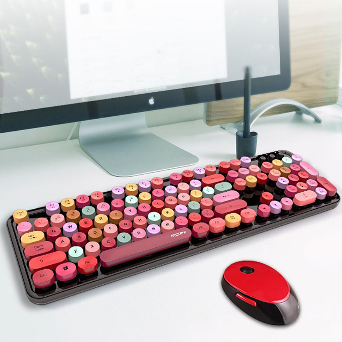 Spring Multi Wireless Keyboard and Mouse Set featuring a vintage design with a numeric keypad and DPI adjustable mouse.