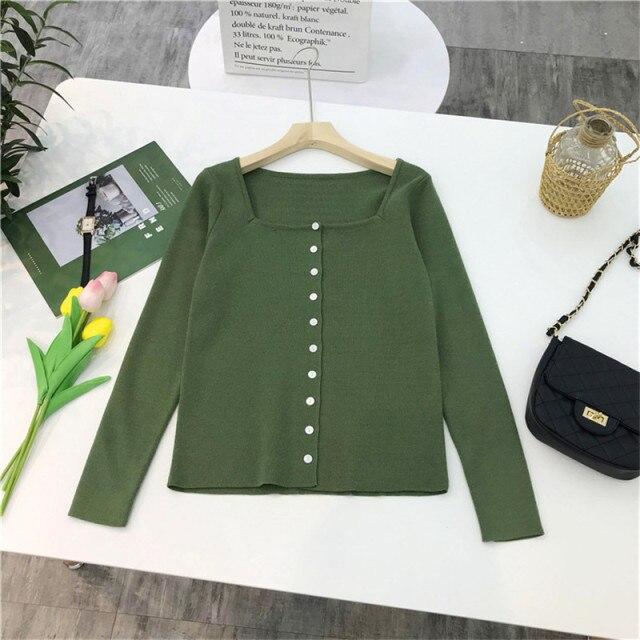 Elegant green blouse for women with a square collar, featuring long sleeves and a stylish design, perfect for spring and autumn wear.