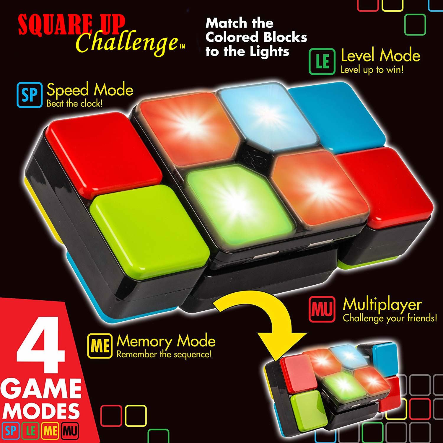 Square Up Challenge Puzzle Game featuring colorful blocks and lights for interactive play.