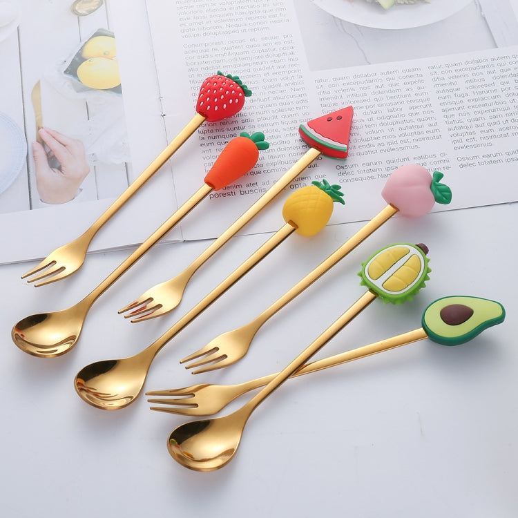 Stainless steel coffee spoon and cartoon fruit fork set for kids, featuring colorful designs and a shiny finish.