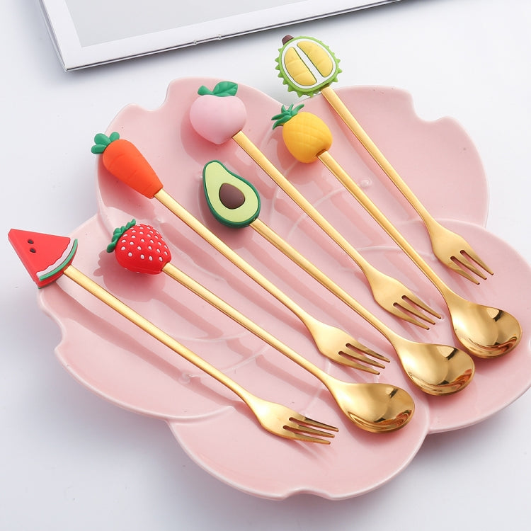 Stainless steel coffee spoon and cartoon fruit fork set for kids, featuring colorful designs and a shiny finish.