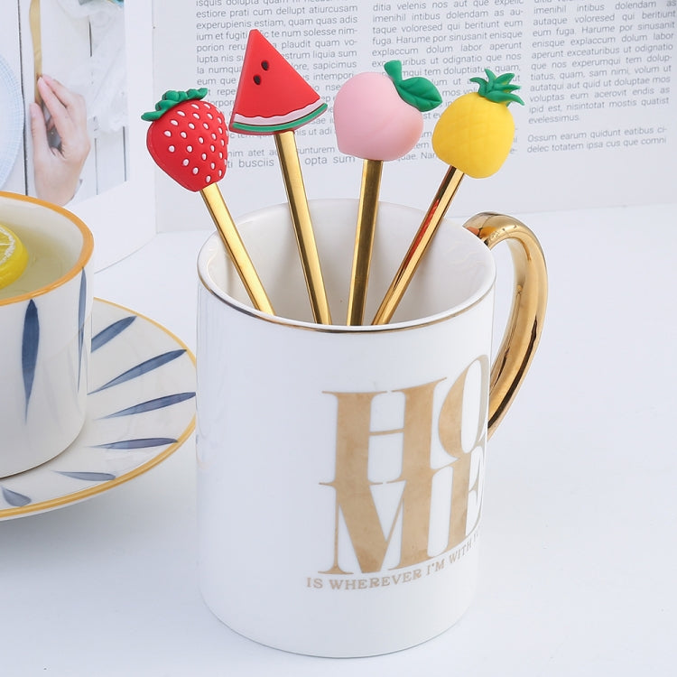 Stainless steel coffee spoon and cartoon fruit fork set for kids, featuring colorful designs and a shiny finish.