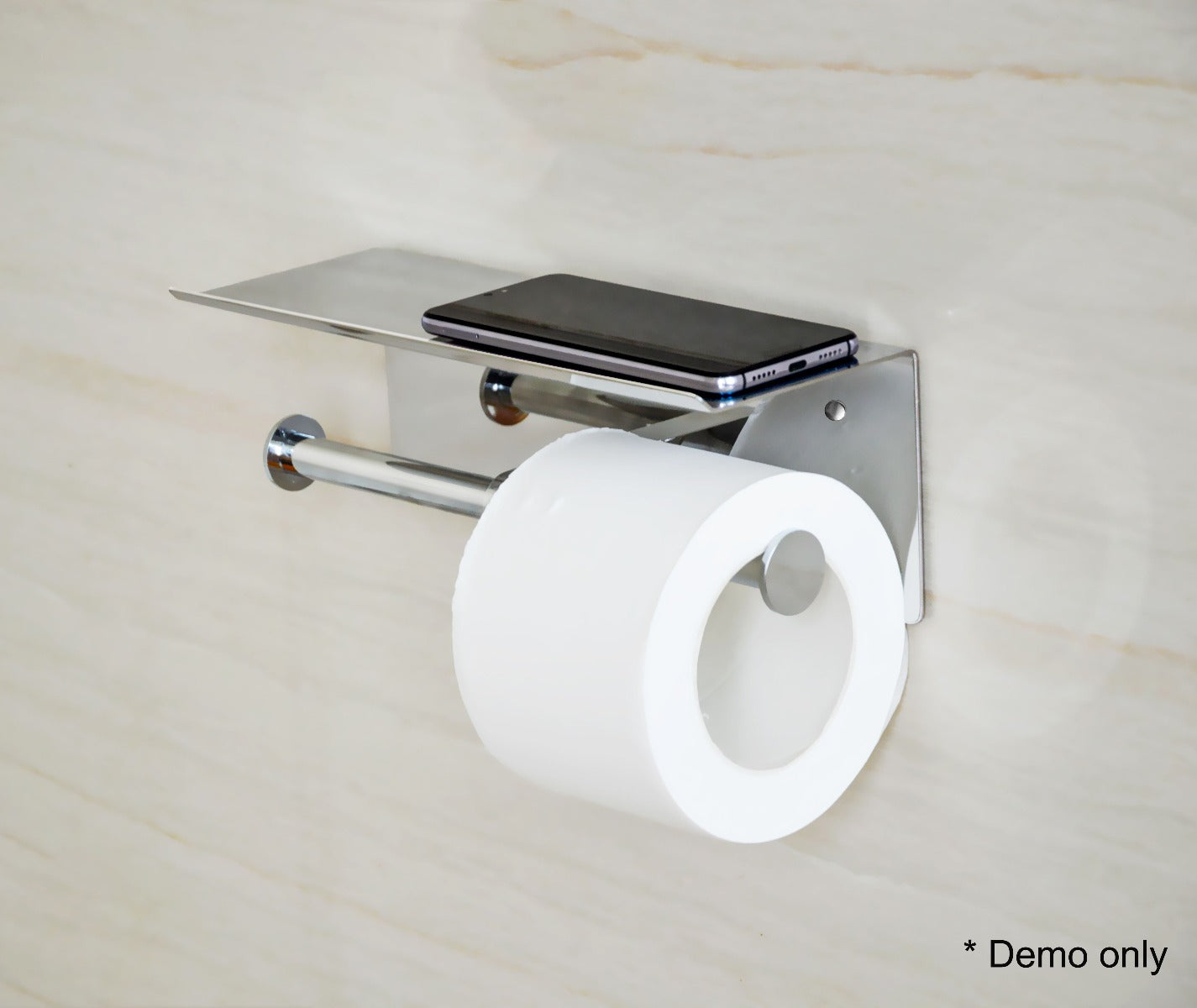 Stainless Steel Double Toilet Paper Holder with decorative shelf, showcasing its sleek design and functionality.