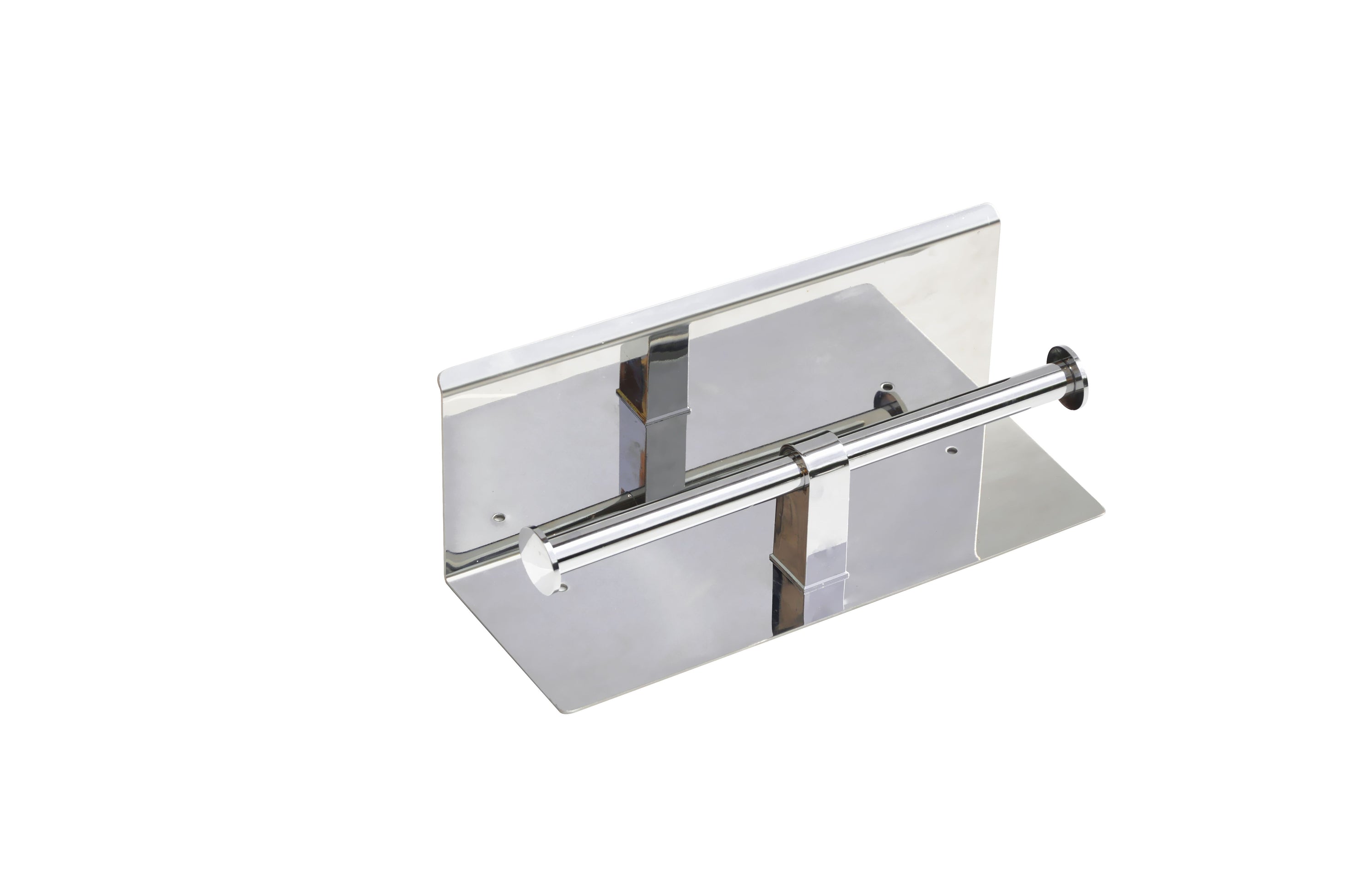 Stainless Steel Double Toilet Paper Holder with decorative shelf, showcasing its sleek design and functionality.