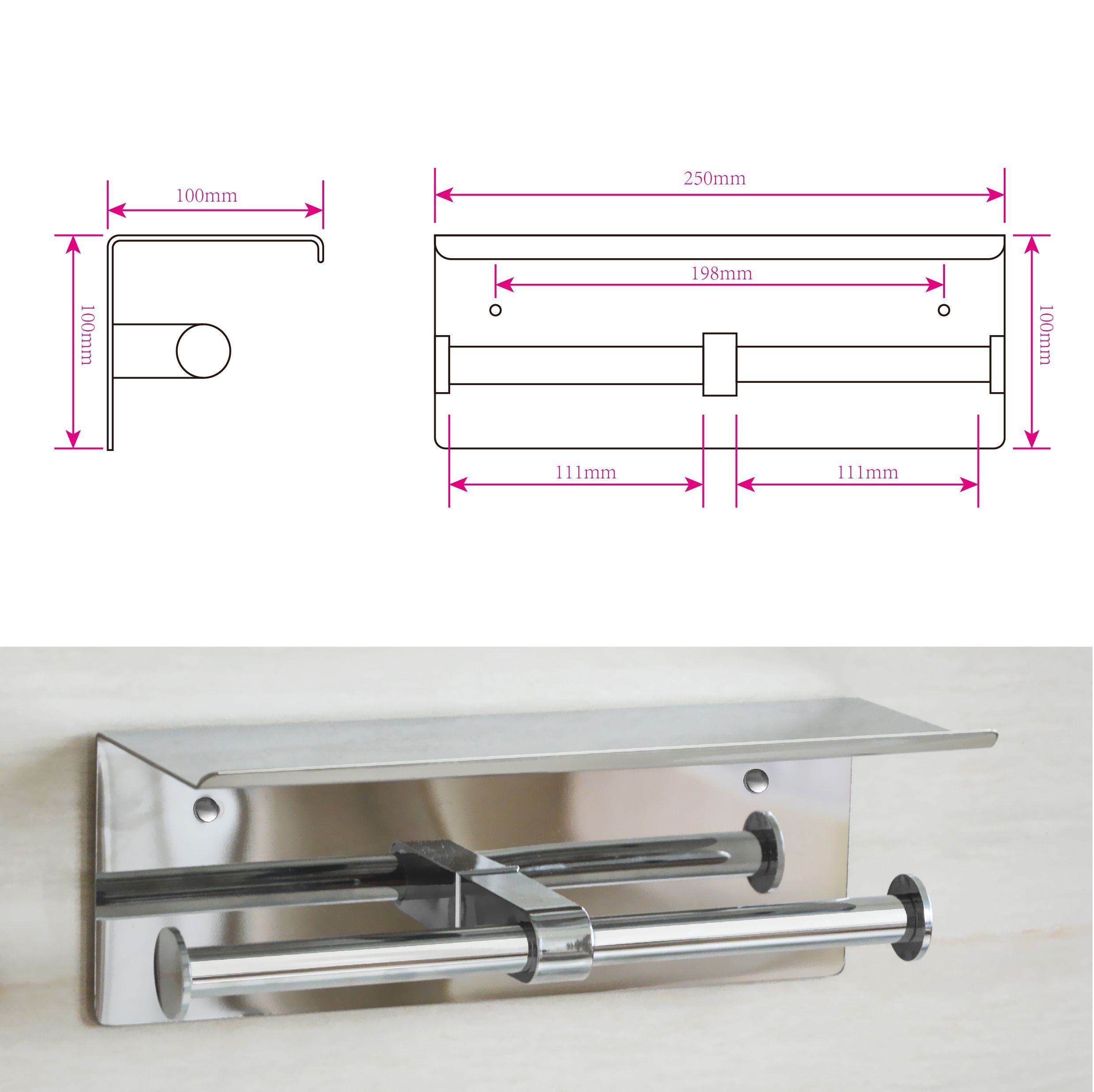 Stainless Steel Double Toilet Paper Holder with decorative shelf, showcasing its sleek design and functionality.