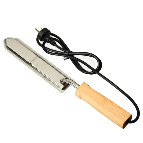 Stainless Steel Electric Honey Cutter Uncapping Knife with wooden handle and sharp blade, ideal for beekeeping.