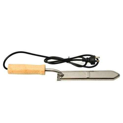 Stainless Steel Electric Honey Cutter Uncapping Knife with wooden handle and sharp blade, ideal for beekeeping.