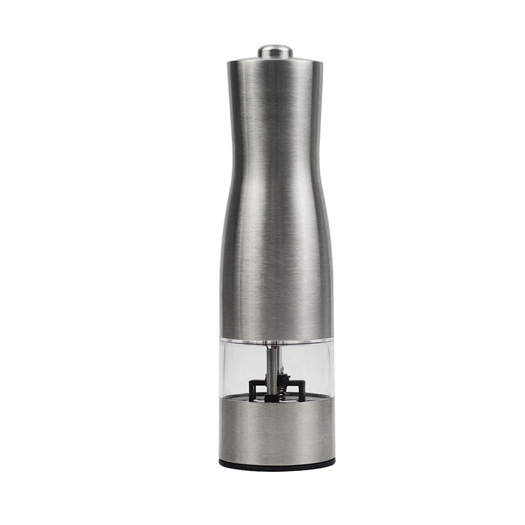 Stainless Steel Electric Salt Pepper Grinder Set with ceramic mills and shakers, showcasing a sleek brushed finish and clear viewing window.